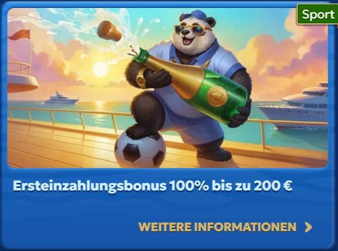 Sportbonus zur ersten Einzahlung mit Fußball, Champagner und Panda-Maskottchen