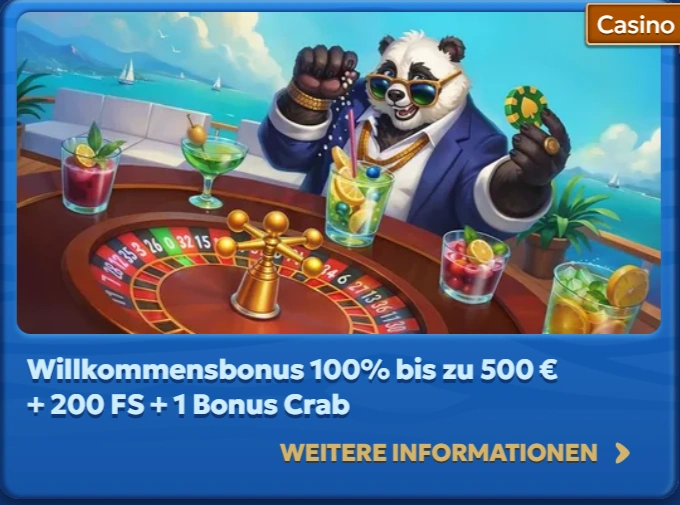 Willkommensbonus im Online-Casino mit Roulette, Cocktails und Panda-Maskottchen